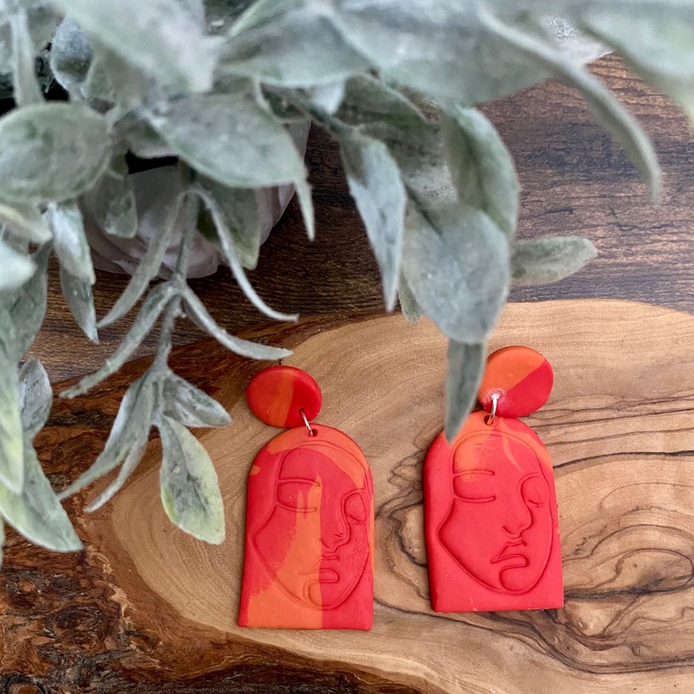 Handmade Abstract Woman’s Face Clay Earrings - Picture 1 of 11